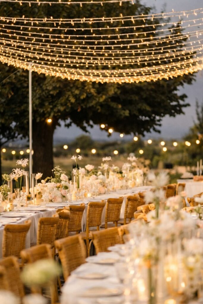 Allestimento con maxi LED per cielo stellato sopra tavoli imperiali durante ricevimento serale all’aperto