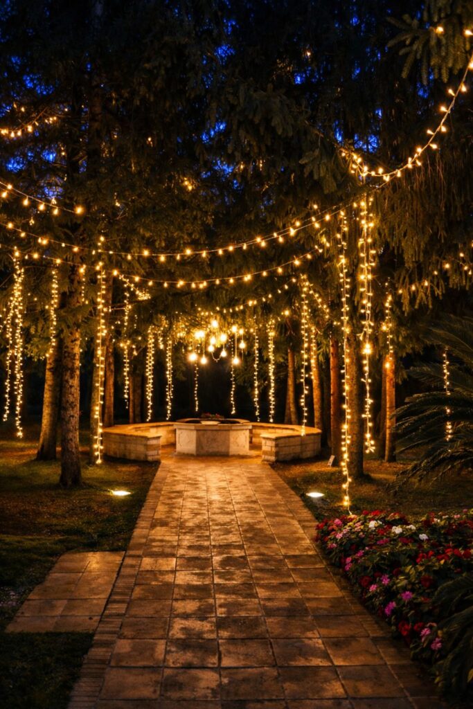 Percorso illuminato con catene di luci calde tra gli alberi per matrimonio serale all’aperto