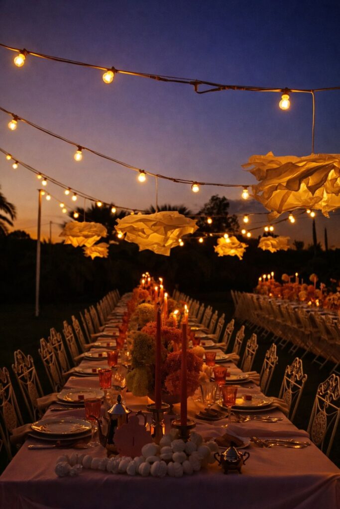 Allestimento vintage all’aperto con lampade sospese in fibra naturale e illuminazione serale calda