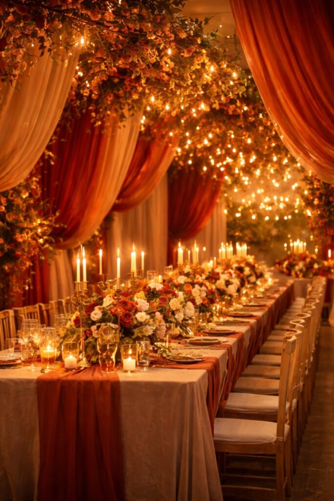 Illuminazione scenografica per matrimonio serale con luci calde e allestimento oro e porpora