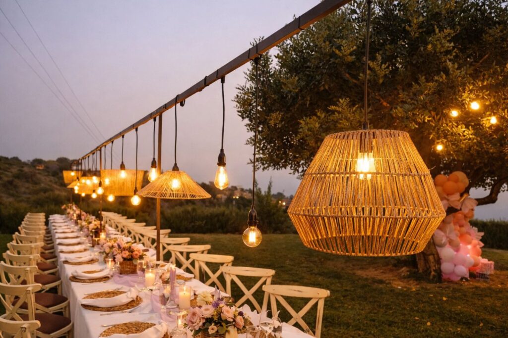 Tavolo imperiale per matrimonio sul lago con lampade sospese, luci calde e allestimento serale all’aperto