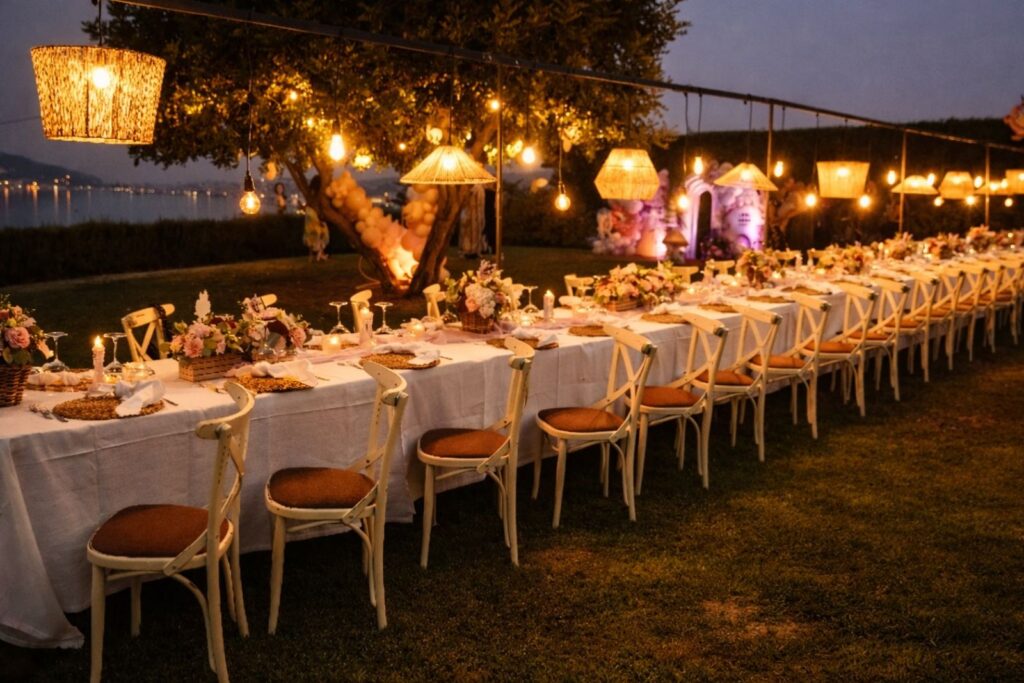 Tavolo imperiale per matrimonio sul lago con lampade sospese, luci calde e allestimento serale all’aperto