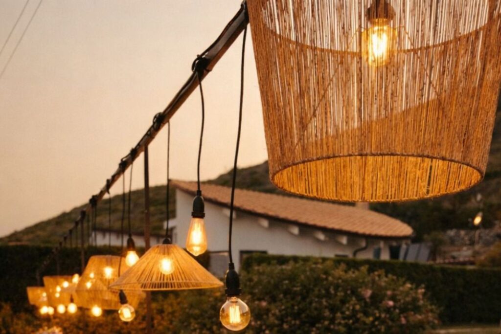 Tavolo imperiale per matrimonio sul lago con lampade sospese, luci calde e allestimento serale all’aperto