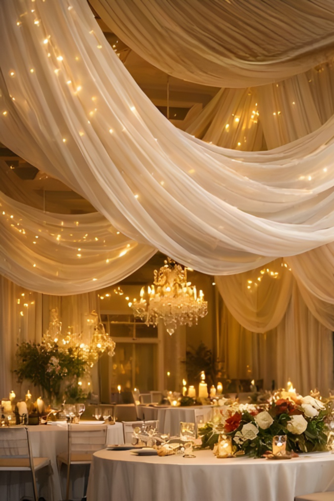 Illuminazione scenografica per matrimonio indoor con drappeggi a S e luci calde