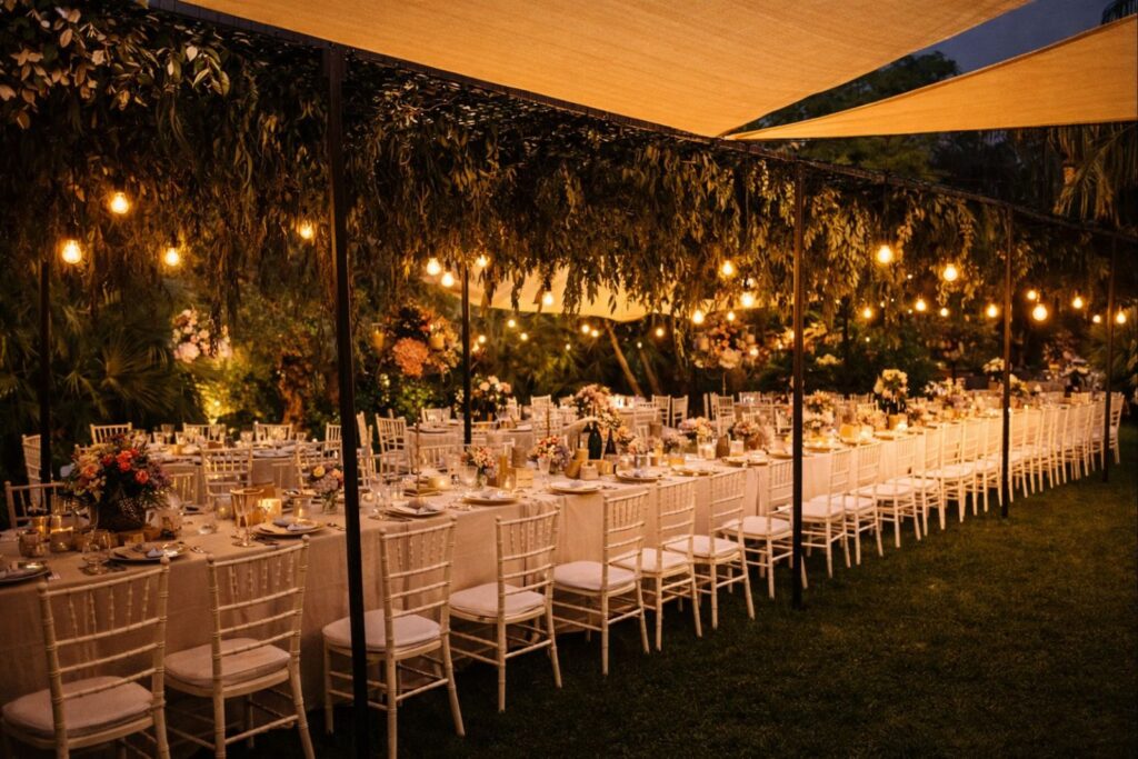 Pergolato per matrimonio all’aperto con lampade sospese in fibra naturale e illuminazione serale calda