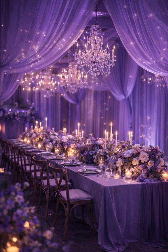 Illuminazione scenografica per matrimonio serale con luce viola e lampadari in cristallo