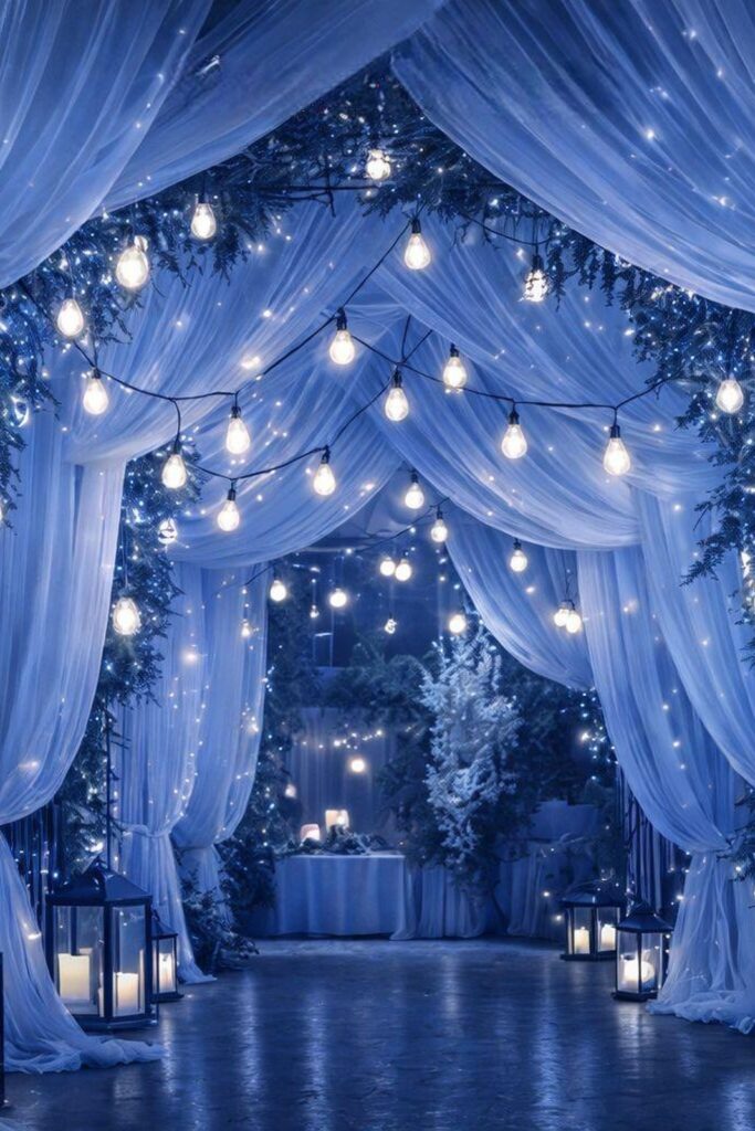 Tunnel di luci scenografico per matrimonio serale con illuminazione decorativa