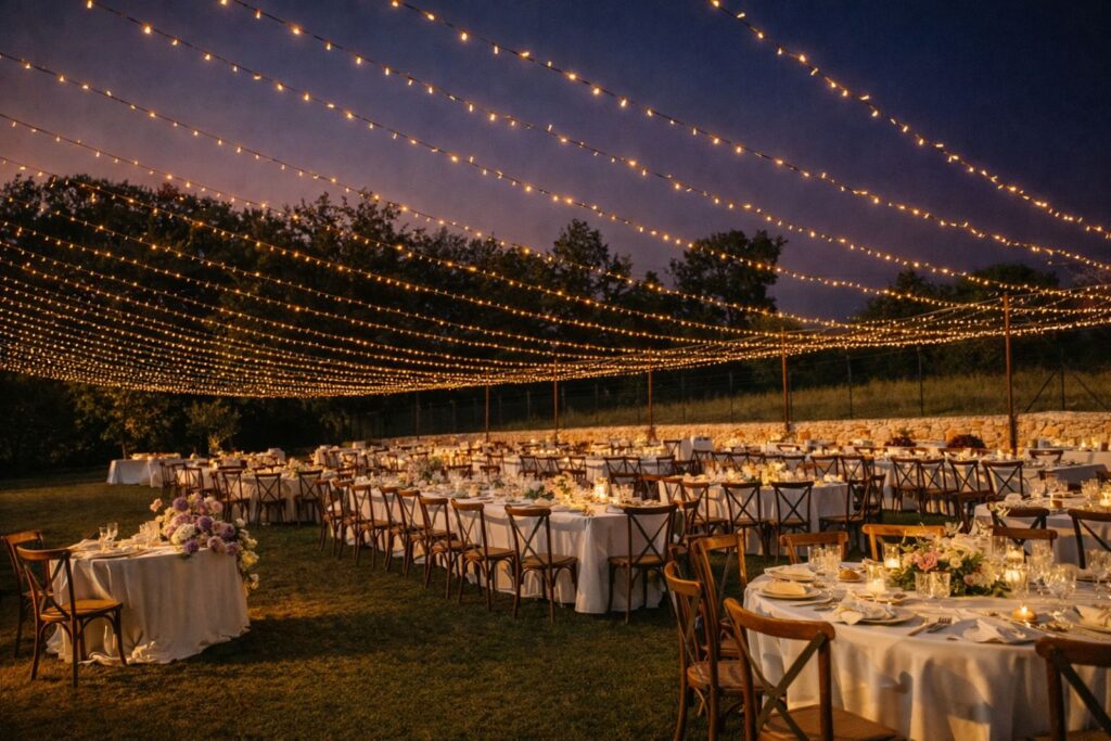 allestimento luci matrimonio in villa elegante atmosfera serale