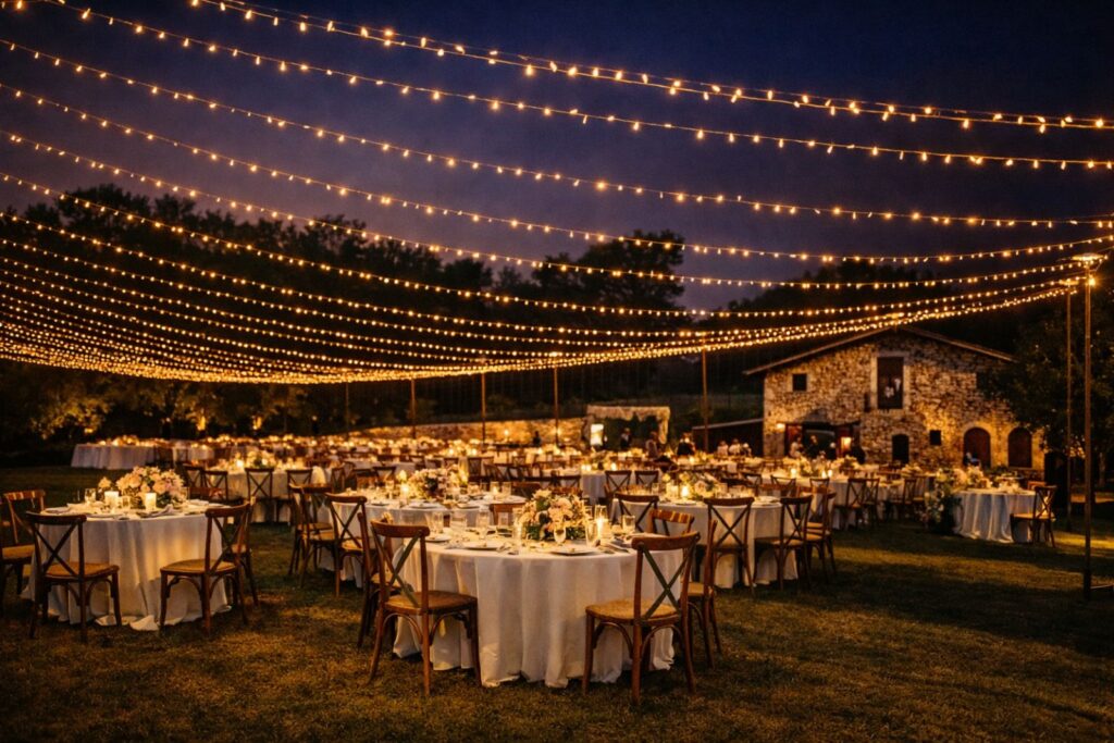 luci matrimonio per ricevimento serale effetto romantico